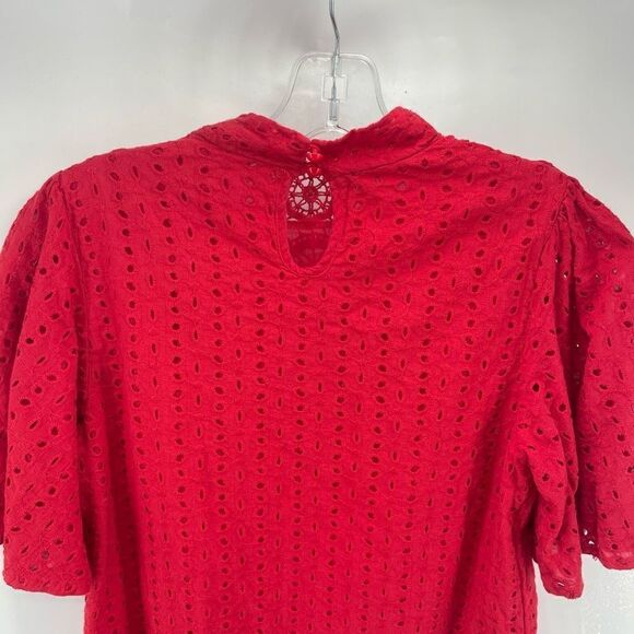 Shein Womens Blouse Top Eyelet Embroidered 100% Cotton Short Sleeve Red Small - Picture 3 of 13